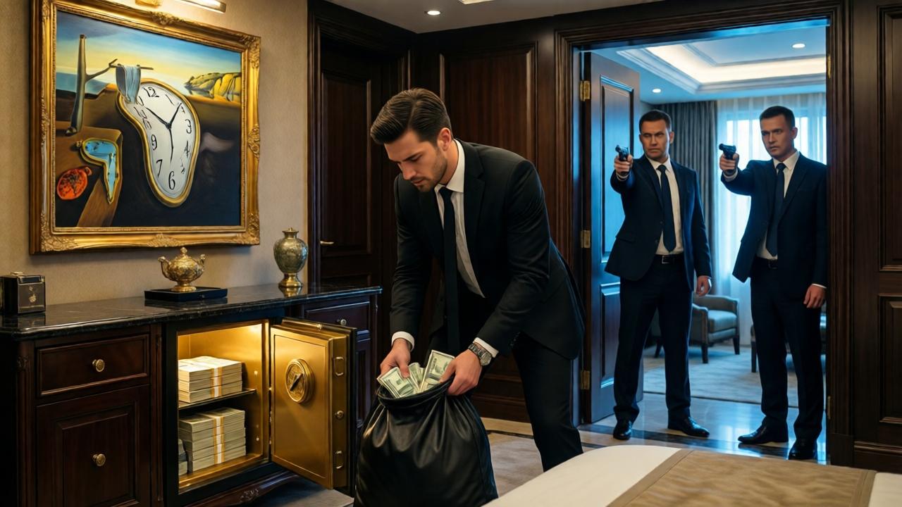 Interior shot of a luxury private room with polished surfaces and a painting of melting clocks on the wall, a hidden wall safe open revealing stacks of cash, a young man in a black suit stuffing money into a bag, two security guards in suits standing in the doorway pointing, dramatic lighting with warm gold on the safe and cold blue on the guards, high tension cinematic composition