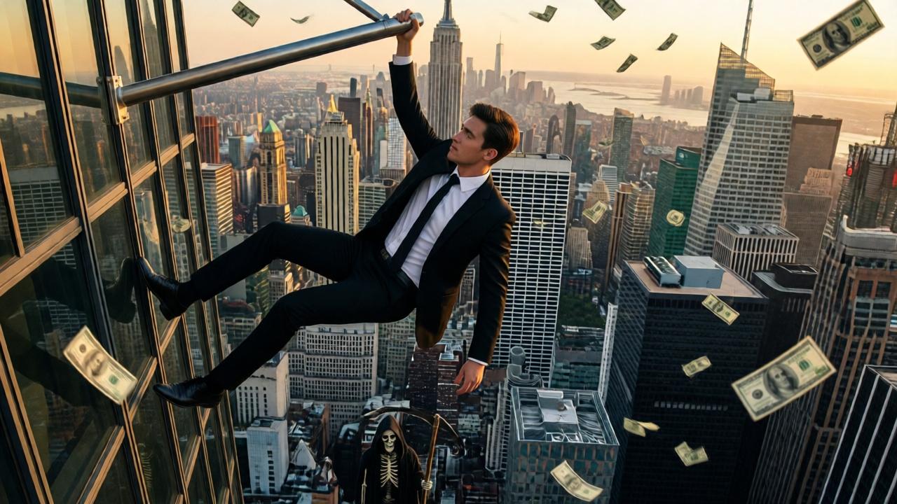 Extreme wide shot of a young man in a black suit hanging by one hand from a metal railing on the side of a skyscraper, 99 floors above a sprawling cityscape, dollar bills floating and spinning in the air around him, far below a hooded skeleton with a scythe standing on the ground looking up, dramatic golden hour light with deep shadows, vertigo-inducing perspective, surreal and tense mood