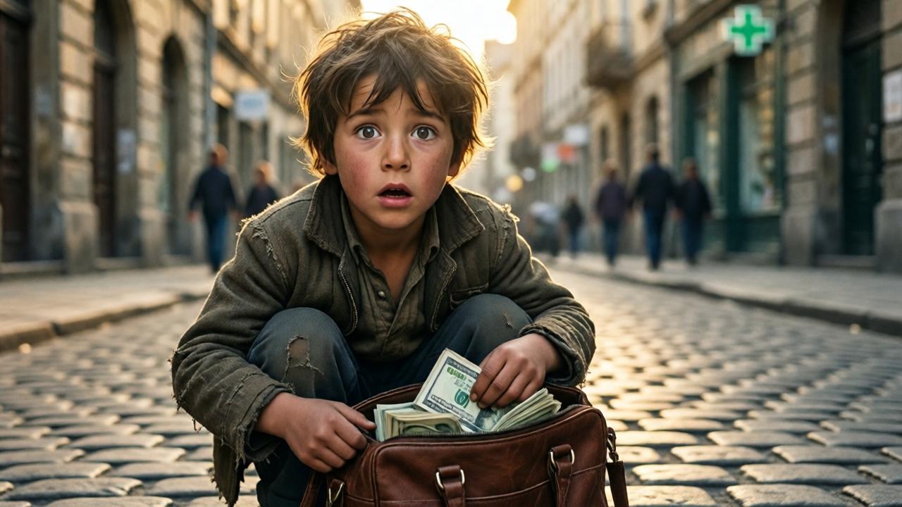 A poor little boy with worn clothes and messy hair crouches on a cobblestone street, holding a brown leather handbag slightly open, revealing stacks of cash inside. His eyes are wide with shock and hope, sunlight casting a warm glow around him. The background shows an old city building with a pharmacy sign, creating a contrast between poverty and opportunity. Realistic style, cinematic lighting, shallow depth of field.