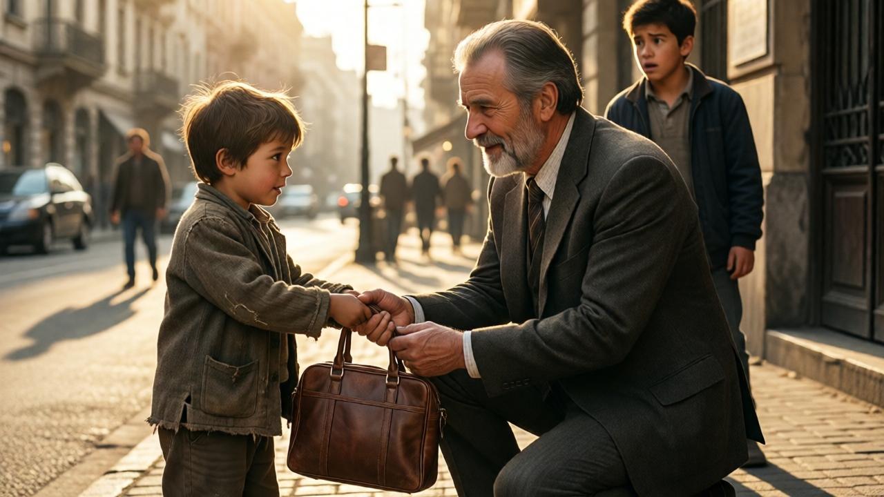 A wealthy older man in a tailored suit kneels down to eye level with a poor little boy on a street corner. The boy holds out a leather handbag with both hands, his expression earnest and hopeful. The man's face shows admiration and warmth, while his teenage son stands behind with a shocked expression. Sunlight streams through buildings, casting long shadows. Emotional realism, warm golden tones, shallow depth of field, cinematic composition.