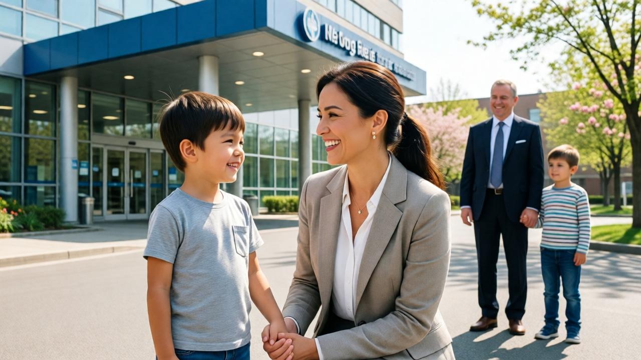 A joyful little boy and his mother stand in front of a modern hospital entrance, smiling at each other. The boy wears clean new clothes and holds his mother's hand. Behind them, a wealthy man and his son watch from a distance with approving smiles. Bright sunny day, trees in bloom, hopeful atmosphere. Realistic style, vibrant colors, wide-angle shot showing the full scene of transformation and hope.