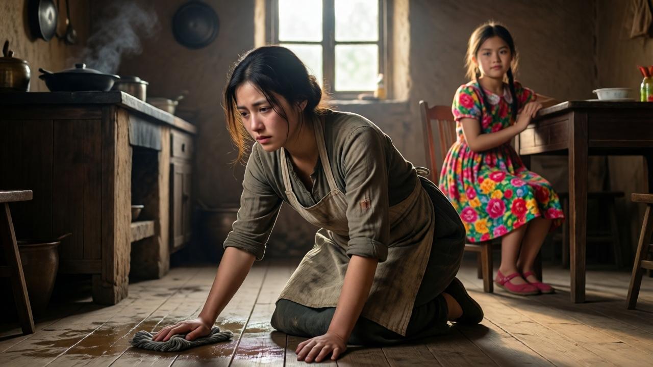 A dimly lit rustic kitchen in a poor village house, early morning light filtering through a small window. A young woman with tired eyes, wearing a simple worn dress and apron, scrubbing a wooden floor on her hands and knees. In the background, a well-dressed girl in a bright floral dress sits at a table, looking smug. Contrast between light and shadow, soft focus on the servant girl, mood of neglect and resilience. Cinematic style, warm earth tones, 1024x1024.