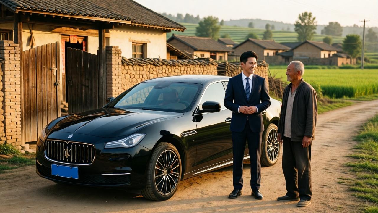A modern black luxury car parked in front of a modest rural village house with a wooden gate and dusty yard. A young man in a tailored suit stands beside an older man in simple clothes, both smiling and talking. Background shows village huts and green fields. Contrast between wealth and simplicity, golden afternoon sunlight, warm atmosphere of welcome. Realistic photography style, depth of field, 1024x1024.