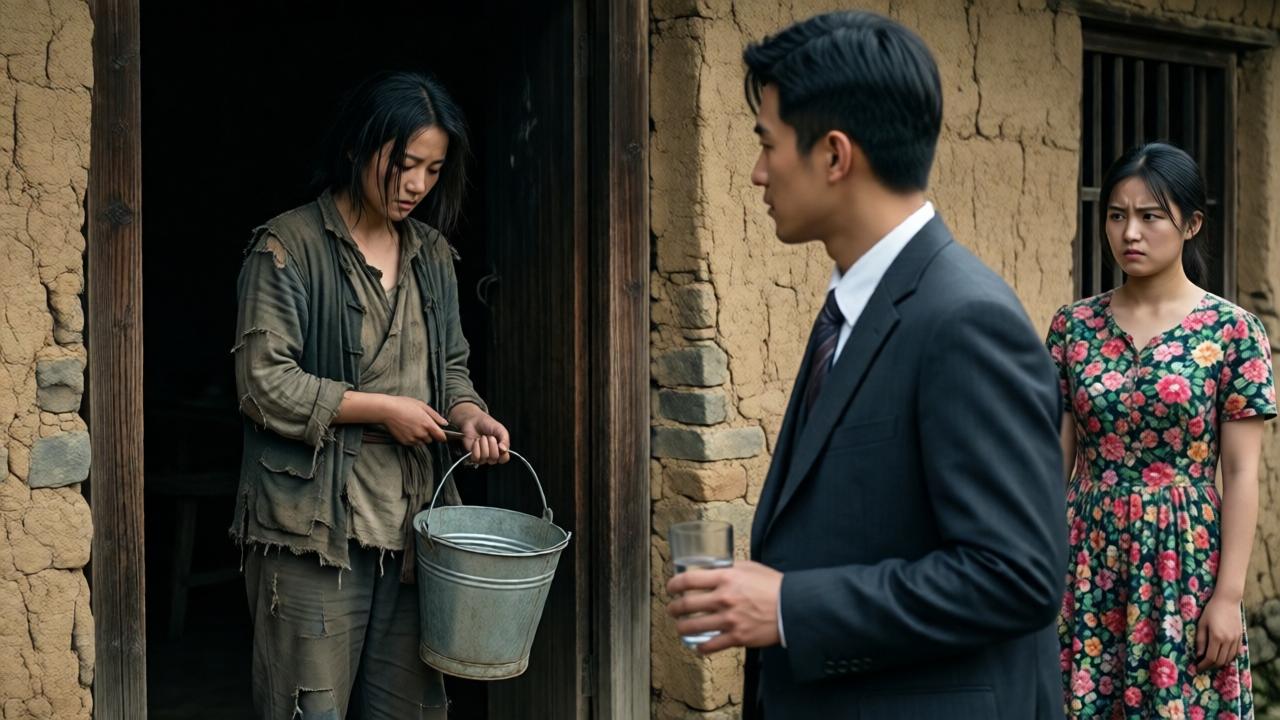 A young woman in ragged clothes holding an empty metal bucket, standing in the doorway of a humble village home. She looks down, her face partially hidden by shadows, but her features are delicate and beautiful. In the foreground, a well-dressed young man in a suit turns to look at her, a glass of water forgotten in his hand. Another young woman in a floral dress stands nearby, looking annoyed. Dramatic lighting, contrast between rich and poor, moment of discovery, cinematic composition, 1024x1024.