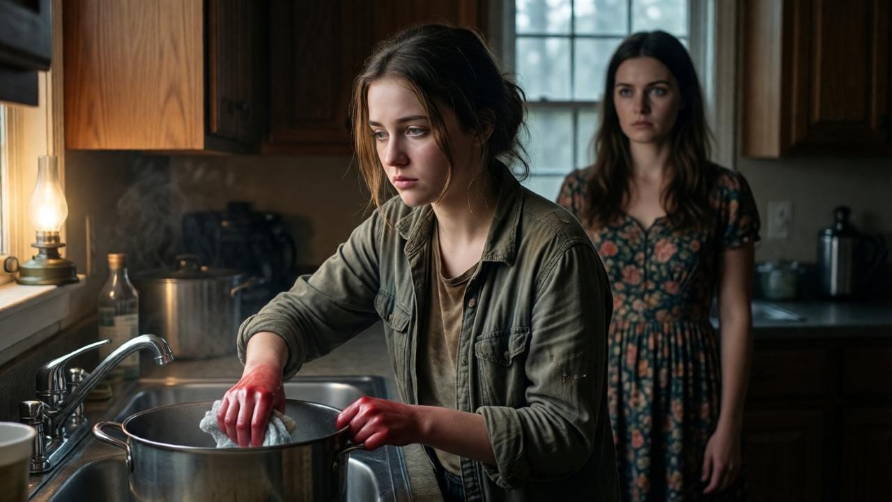 A dimly lit kitchen in a rural Georgia home, a teenage girl with tired eyes and worn clothes scrubs a large pot at a sink, her hands red from cold water. Behind her, a shadowy figure of a woman in a floral dress watches with a cold expression. The scene is moody, with muted browns and grays, soft light from a single bulb, cinematic composition, realistic style.