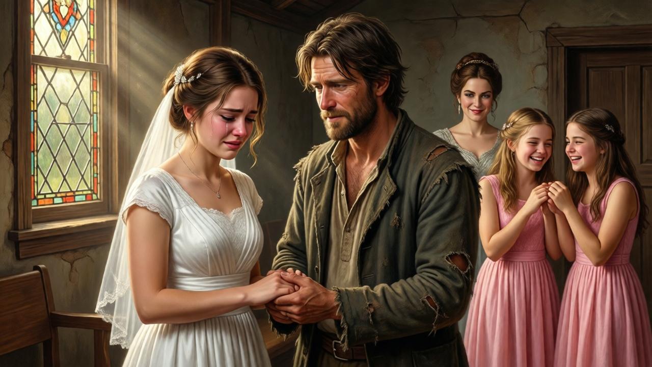 A small, rustic chapel in rural Georgia, a teenage bride in a simple white dress stands beside a man in tattered clothes, his face weathered but eyes kind. The bride looks down, crying, while the groom holds her hand gently. In the background, a woman in an expensive dress smirks, and two teenage girls in pink dresses giggle. Warm light streams through a stained-glass window, creating a contrast between hope and cruelty, realistic oil painting style.