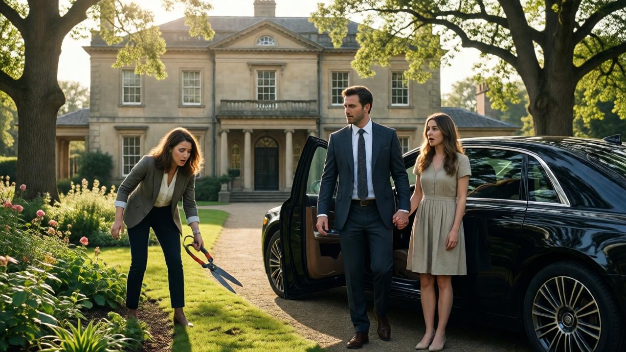 A dramatic scene in front of a large Georgian-style house, a woman in a garden drops her gardening shears in shock as a man in a tailored suit steps out of a black luxury car, holding the hand of a young woman in a simple but clean dress. The man’s expression is calm and commanding, the woman’s is horrified. Sunlight filters through oak trees, casting long shadows, cinematic wide shot, realistic style.