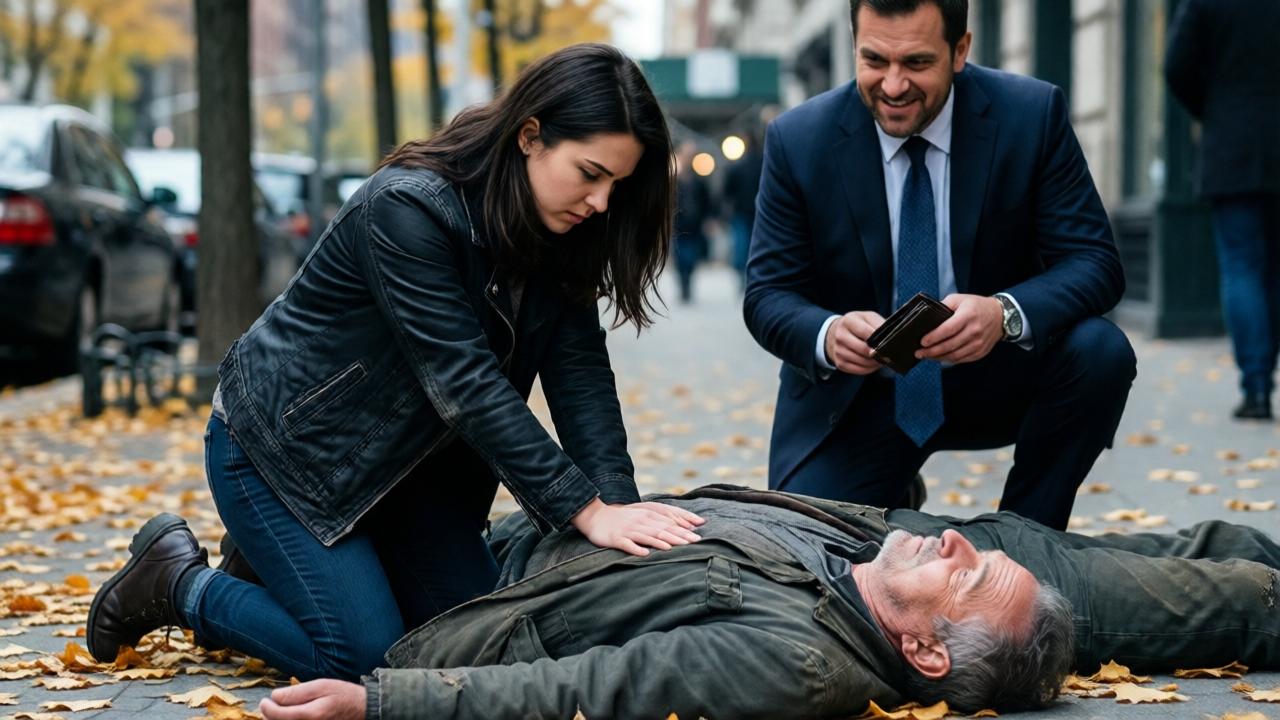 A bustling city street scene with autumn leaves scattered on the ground. A young woman with dark hair and a focused expression kneels over an unconscious elderly man in shabby clothes, performing CPR. In the background, a well-dressed man in a suit watches with a sneer, holding a wallet. The lighting is cool and overcast, with warm golden leaves contrasting against gray concrete. The composition emphasizes the woman's hands pressing on the man's chest, with the rich man blurred in the background to highlight the tension.