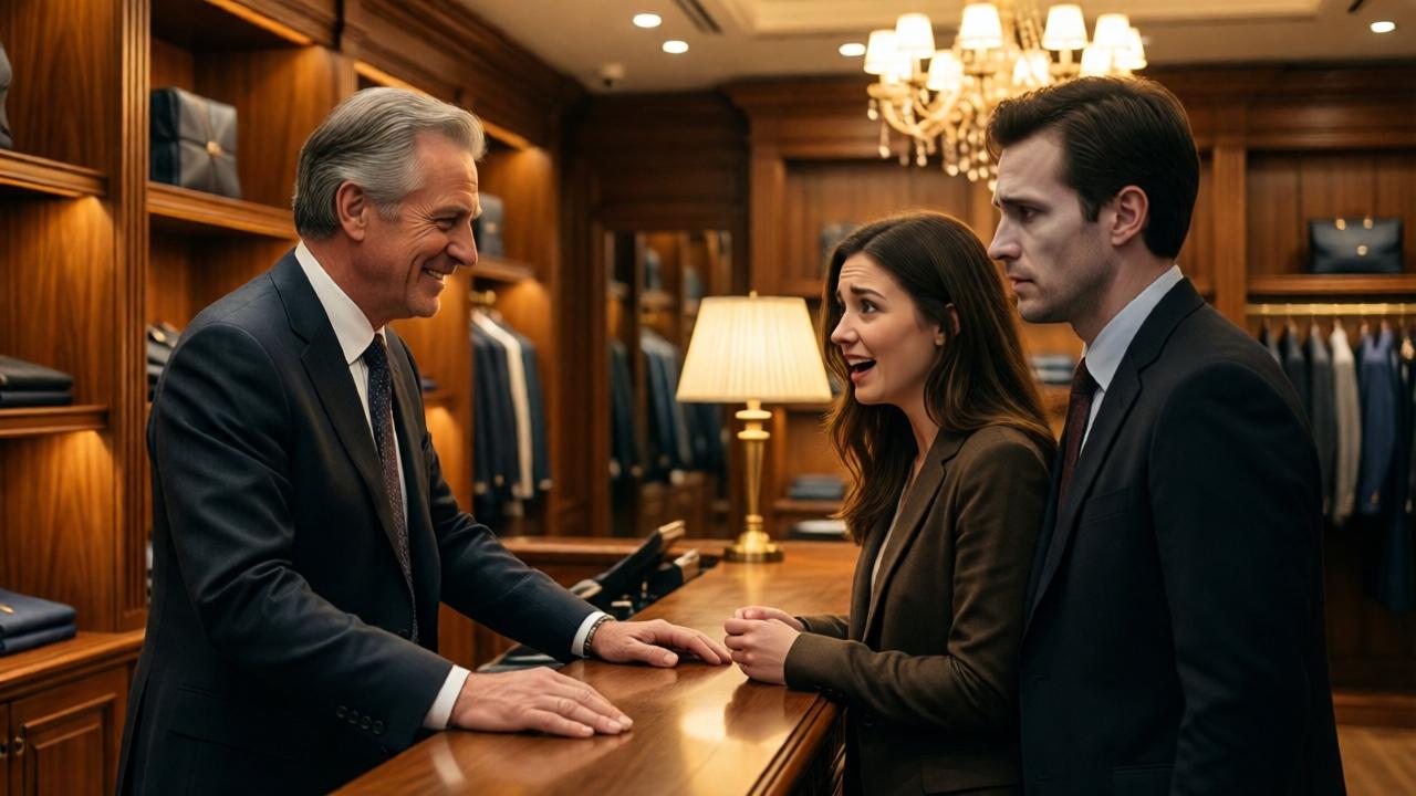 Interior of a high-end boutique with wooden shelves and elegant lighting. An older man in a crisp suit stands behind a polished counter, smiling warmly at a young couple. The woman looks shocked and happy, while the man beside her looks pale and guilty. Warm amber light from chandeliers casts soft shadows, creating a contrast between the cozy atmosphere and the tense emotions. The composition focuses on the three figures, with the store's luxury goods blurred in the background to emphasize the personal drama.