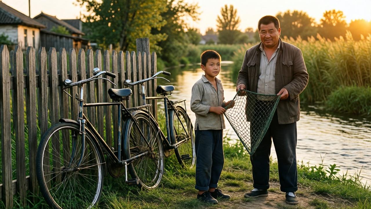 Two bicycles leaning against a weathered wooden fence near a shallow river at sunset. An 11-year-old boy and a chubby 50-year-old man in old clothes and shoes stand nearby, holding a triangular mesh contraption. The scene is warm and golden, with reeds and trees in the background, capturing the essence of a summer evening in a rural village.