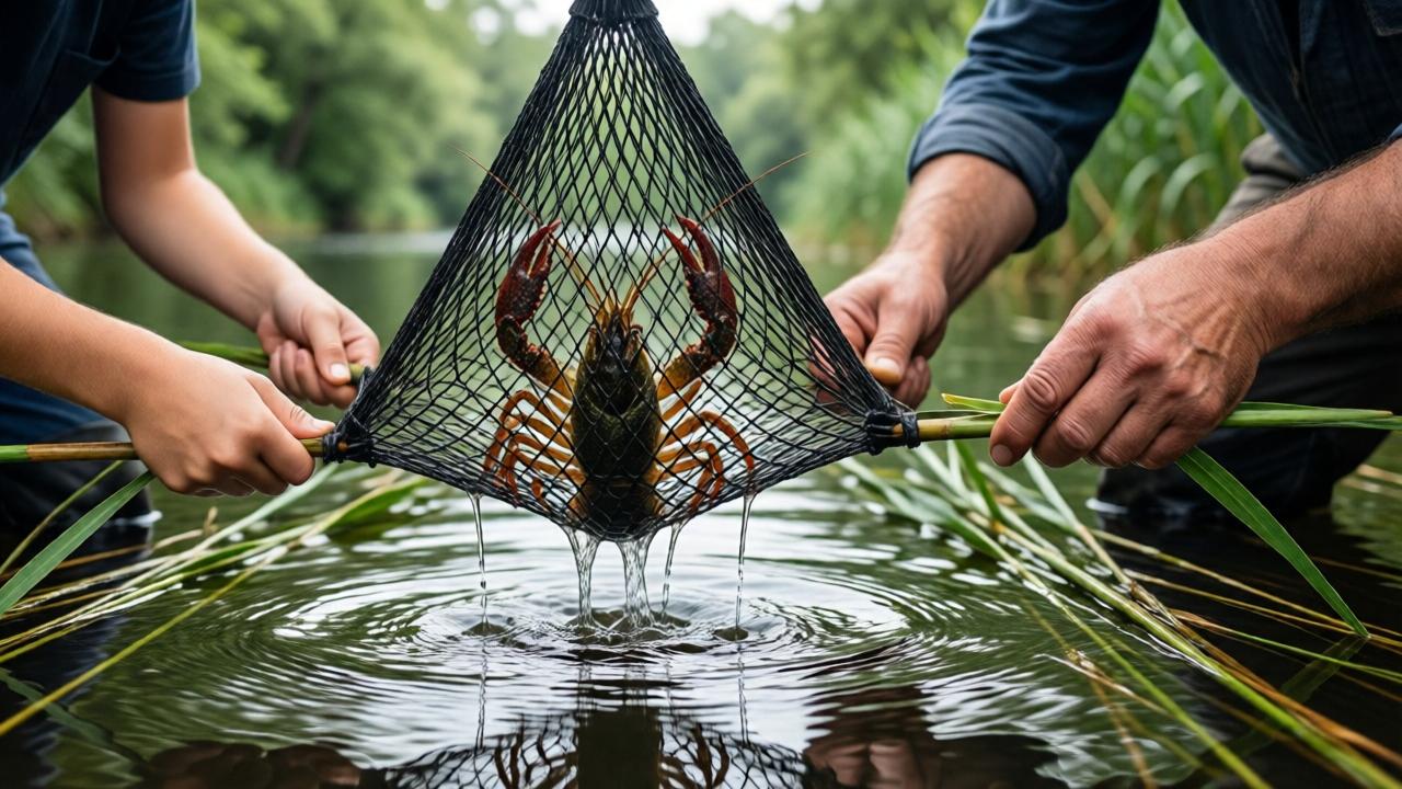 A close-up shot of a triangular mesh contraption called a rugelya being lifted from a river, with water dripping and a crayfish visible inside. The hands of an 11-year-old boy and a 50-year-old man are holding the sticks, with reeds and reflections in the water. The mood is exciting and adventurous, with natural light filtering through trees.