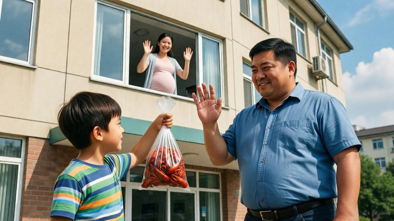 An 11-year-old boy and a chubby 50-year-old man standing outside a five-story maternity hospital, waving up at a window on the third floor where a pregnant woman smiles and waves back. The boy holds up a bag of crayfish, and the man has a proud grin. The scene is bright and sunny, with a blue sky and a few clouds, conveying joy and anticipation.