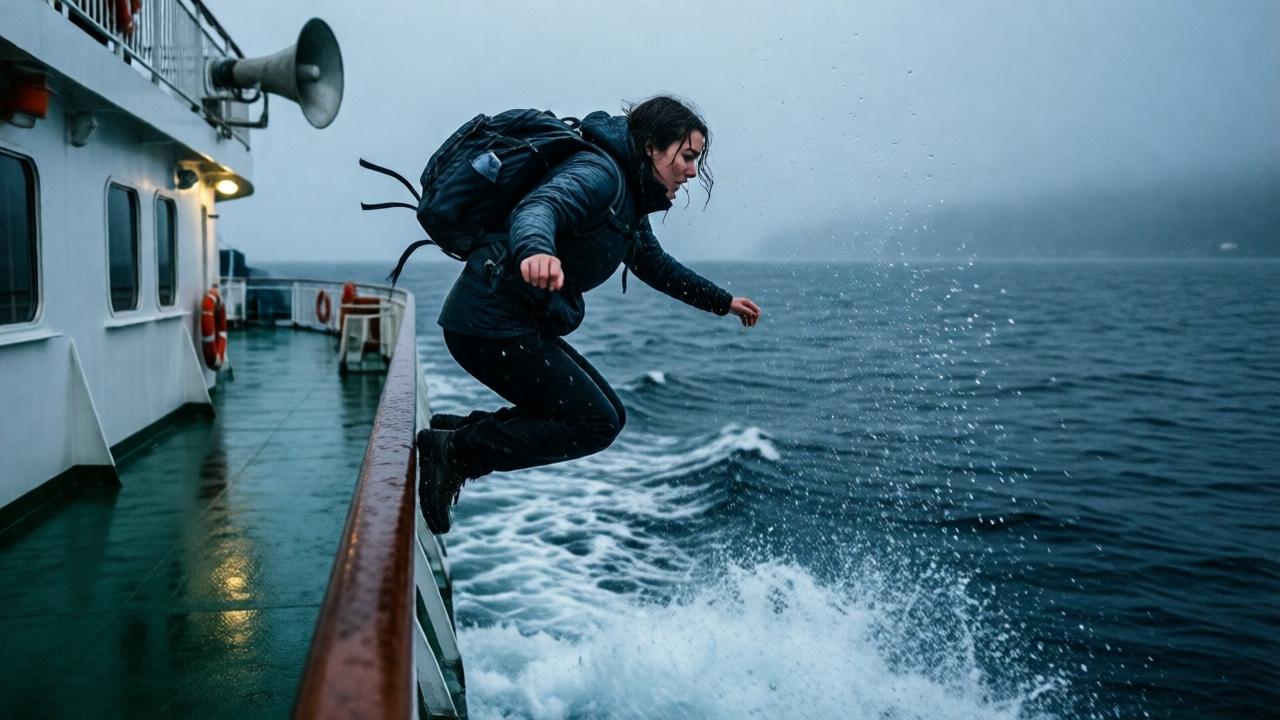A dramatic scene on a ferry deck in the Pacific Northwest: a young woman in a soaked jacket leaps over the railing into dark, choppy water, her backpack flying off as she falls. The ferry horn is visible in the background, misty gray sky, cold blue-green water, droplets frozen in mid-air. Cinematic style, moody lighting, high contrast, shallow depth of field, wide angle perspective capturing the height and the splash below.