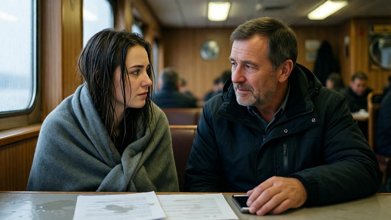 Interior of a ferry cabin: a young woman wrapped in a gray wool blanket sits across from an older man in a dark windbreaker, her wet hair dripping onto a table where damp papers are spread out. The man is looking at her with a mix of admiration and sorrow, his hand resting on a phone. Soft fluorescent lighting, warm tones contrasting with the cold outside, intimate close-up composition, realistic style, emotional atmosphere.