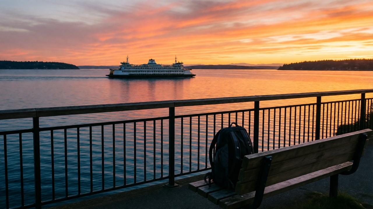 A serene view of Puget Sound at sunset, with a ferry crossing the water in the distance. The sky is painted in shades of orange and pink, reflecting off the calm dark blue water. A single backpack sits on a wooden bench near the railing, zipped and dry, symbolizing hope and second chances. Soft golden light, warm atmosphere, peaceful composition, wide landscape shot, photorealistic style.