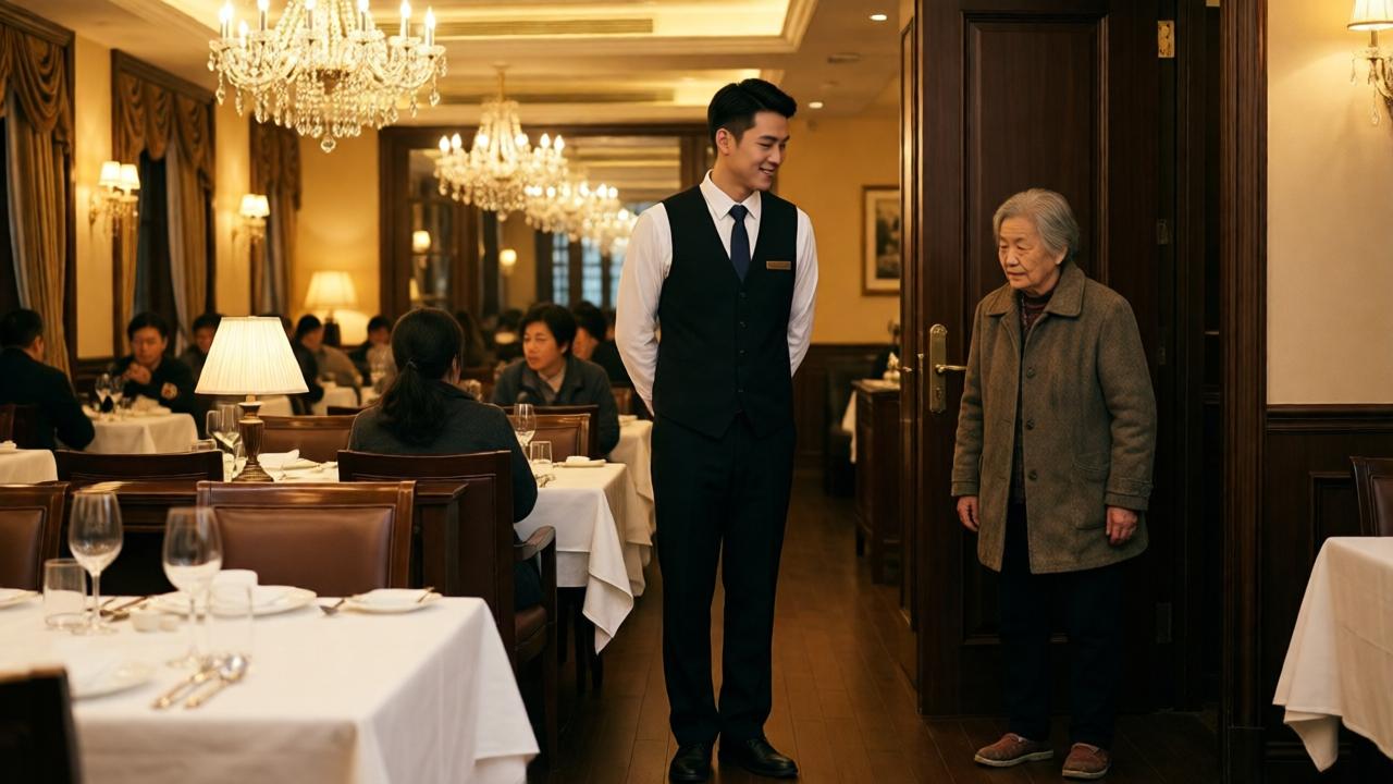 A warmly lit five-star restaurant interior with crystal chandeliers, white tablecloths, and polished silverware. In the foreground, a young waiter in a crisp uniform smiles gently at an elderly woman in a worn coat and scuffed shoes, who stands hesitantly at the entrance. Soft golden lighting, shallow depth of field, cinematic composition, warm and inviting mood.