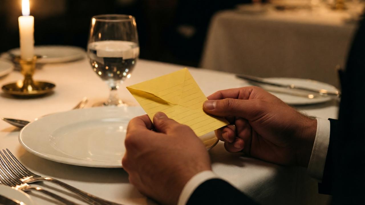 A close-up shot of a young waiter's hands holding a folded yellow note on a white tablecloth, with empty plates and a half-full glass of water in the background. Soft candlelight illuminates the scene, creating a sense of mystery and anticipation. Shallow depth of field, warm amber tones, cinematic lighting, emotional and intimate mood.