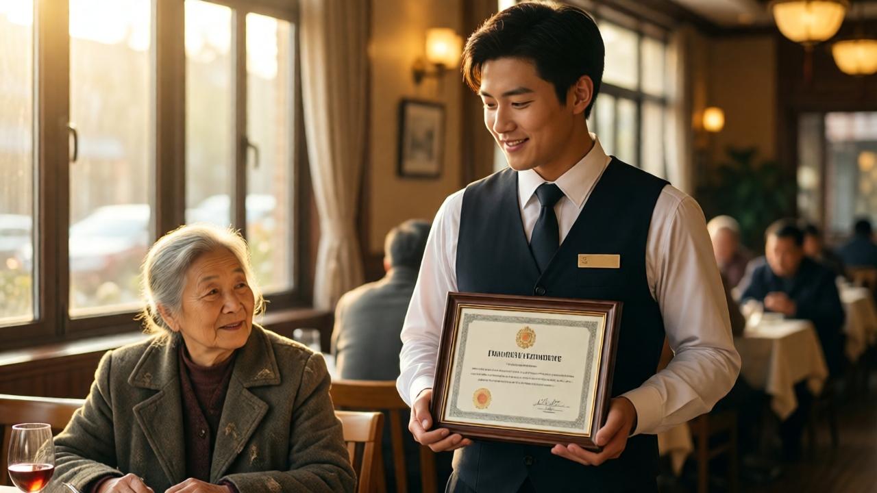 A young waiter in a crisp uniform stands in a sunlit restaurant, holding a framed certificate of promotion, smiling warmly. In the background, the elderly woman in a worn coat watches approvingly from a table, her eyes twinkling. Golden morning light streams through large windows, casting soft shadows. Warm, hopeful atmosphere, cinematic composition, emotional and uplifting mood.