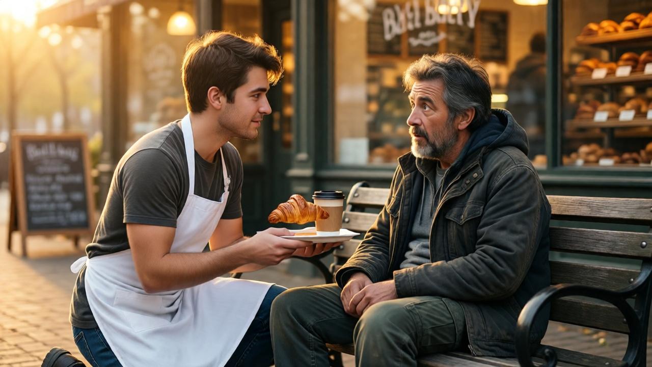 A young bakery employee in a white apron kneeling beside a homeless man on a park bench outside a cozy bakery. The morning light casts warm golden hues on the scene. The employee holds out a croissant and coffee, his expression compassionate. The homeless man looks up with a mix of surprise and gratitude. Soft focus on the bakery window behind them, with a chalkboard sign reading 'Bella's Bakery.' Warm, inviting atmosphere, cinematic composition, realistic style.