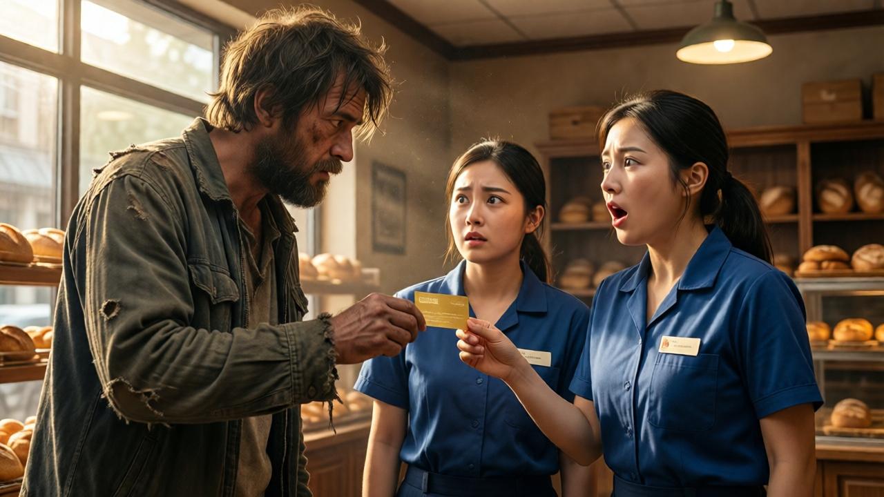 A dramatic moment in a bakery interior: a homeless man in tattered clothes stands tall, holding a gold business card toward a stunned female manager in a blue uniform. The young employee stands between them, his expression a mix of shock and hope. Sunlight streams through the bakery window, illuminating dust motes in the air. The manager's face is pale, her mouth open in disbelief. Warm interior lighting, wooden shelves with bread in the background, cinematic angle from slightly low perspective, realistic style with rich colors.