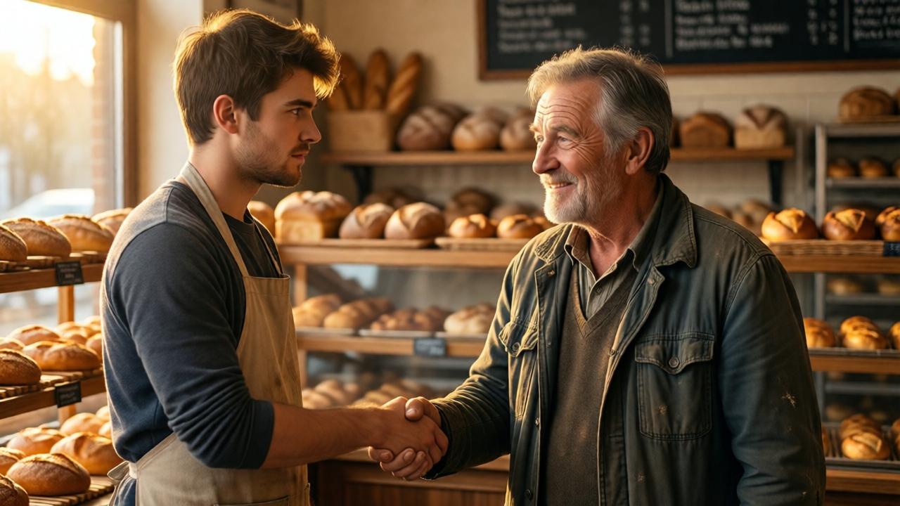 A handshake between a young man in a bakery apron and an older man in worn clothes, now cleaned up slightly, standing in the middle of a sunlit bakery. The young man's expression is a mix of awe and determination. The older man smiles warmly, his eyes crinkling with kindness. Behind them, shelves of bread and pastries are bathed in golden afternoon light. A chalkboard menu is visible in the background. Warm, hopeful atmosphere, medium close-up shot, realistic style with soft shadows and rich textures.