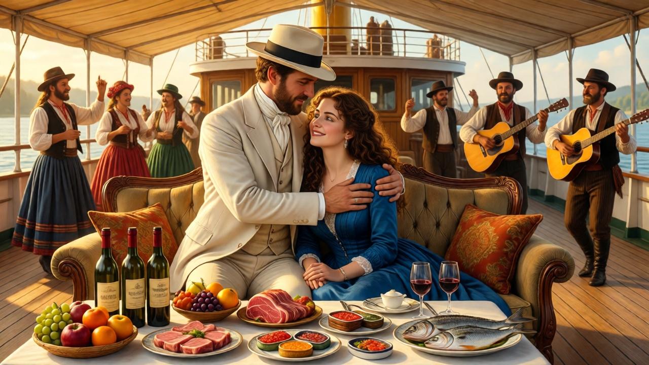 A late 19th-century steamboat deck under clear summer midday light, a tall man in a white suit and hat embracing a curly-haired brunette woman in a blue dress on a sofa, a table laden with wine bottles, fruits, meat, fish, and caviar, gypsies in colorful outfits dancing and playing guitars in the background, warm golden lighting, cinematic composition, romantic mood, oil painting style with rich details