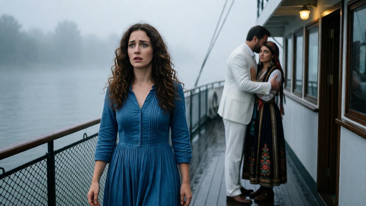 Early morning on a river steamboat deck, thick fog and damp air, a curly-haired brunette woman in a blue dress walking alone, her expression shifting from calm to shock, a tall man in a white suit embracing a young gypsy woman in the background, dim misty lighting, melancholic mood, muted colors with hints of blue and gray, cinematic wide shot, realistic style with soft focus