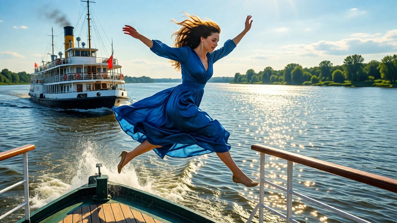 A woman in a flowing blue dress jumping from the stern deck of a white passenger steamboat into a wide river, clear summer weather, the boat moving quietly in the background, dramatic mid-air pose, sunlight glinting on the water, emotional intensity, cinematic composition, vivid colors, realistic painting style with dynamic brushstrokes