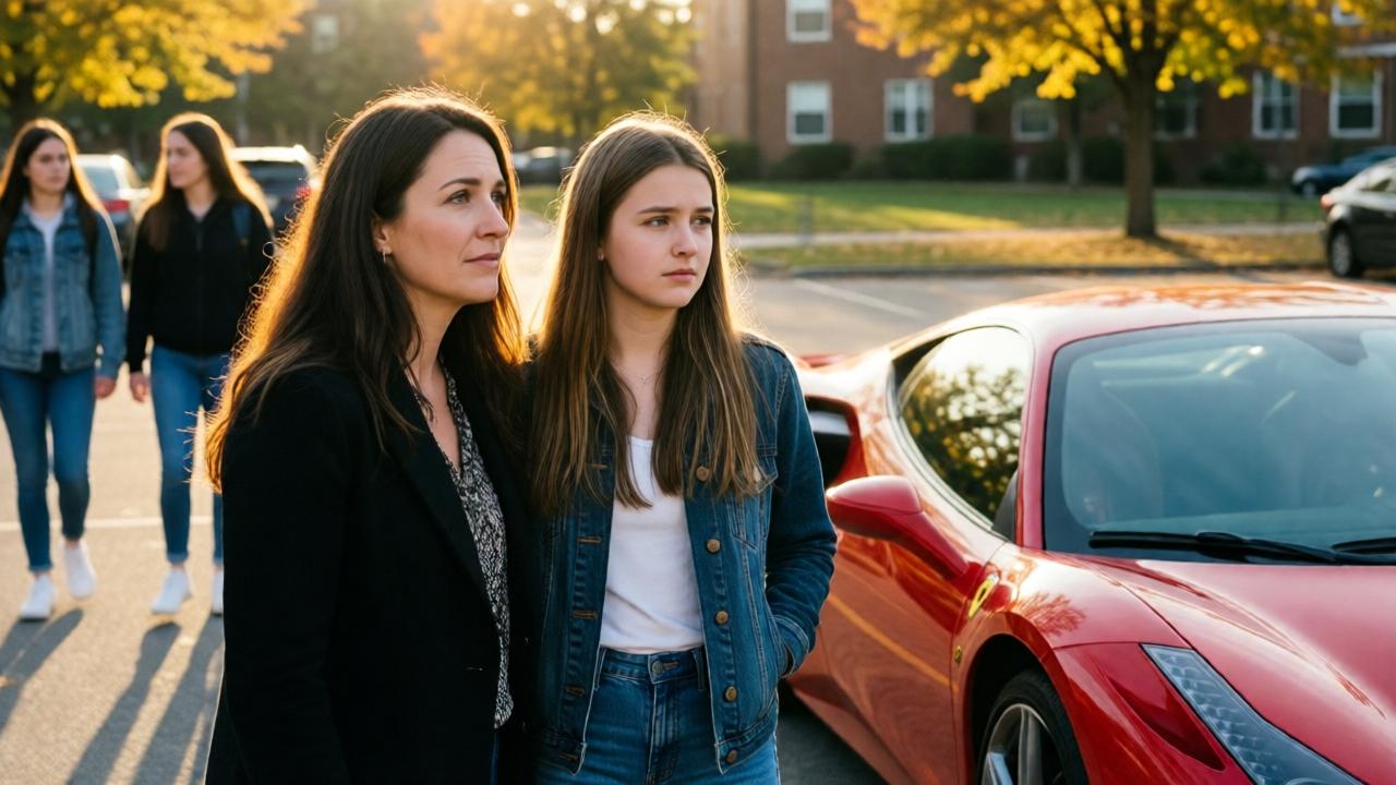A mother and her teenage daughter standing in a school parking lot, looking at a shiny red Ferrari parked nearby. The autumn sunlight glints off the car's polished surface. The mother has a dreamy, wistful expression, while the daughter looks thoughtful and slightly anxious. In the background, other students walk past. The scene is warm but tinged with a sense of contrast between the luxury car and the family's modest reality.