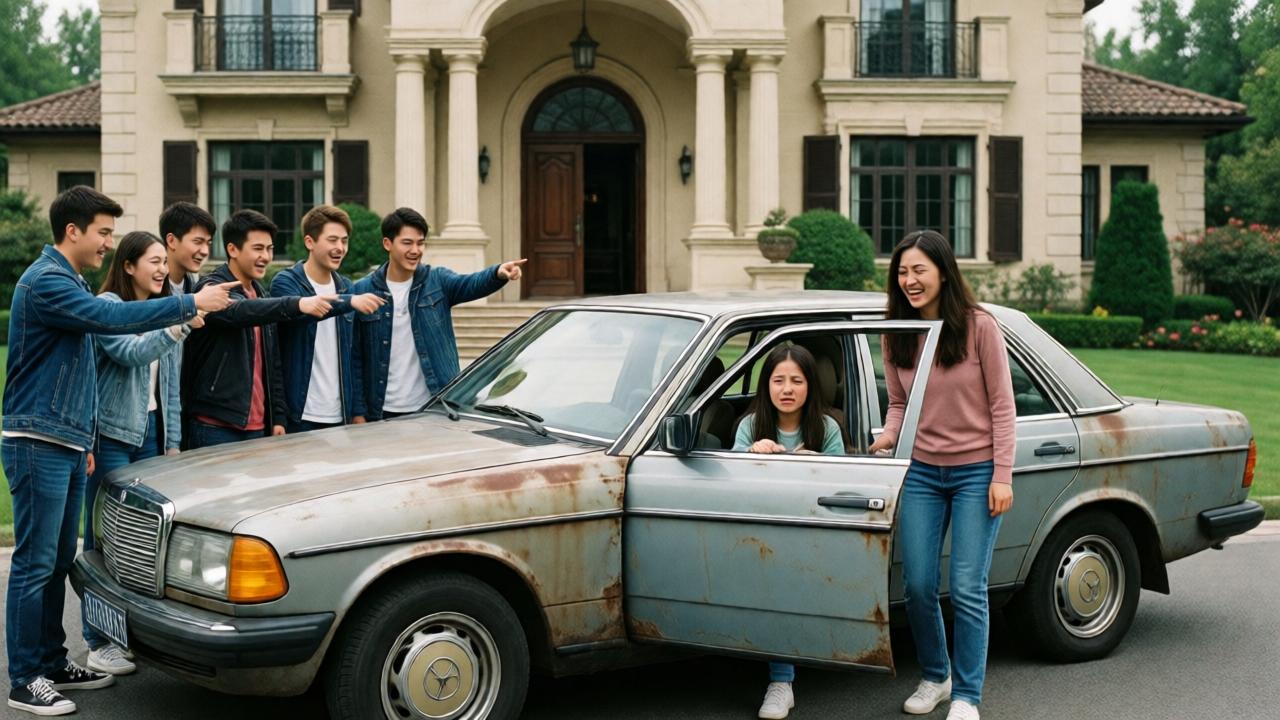 A group of teenagers standing in front of a large, elegant mansion, laughing and pointing at an old, beat-up sedan pulling up. The car is visibly worn, with rust spots and a mismatched door panel. A mother and daughter are stepping out of the car, their faces showing embarrassment and hurt. The contrast between the luxurious house and the humble car is stark. The mood is tense and mocking, with the teens' expressions ranging from cruel amusement to shock.