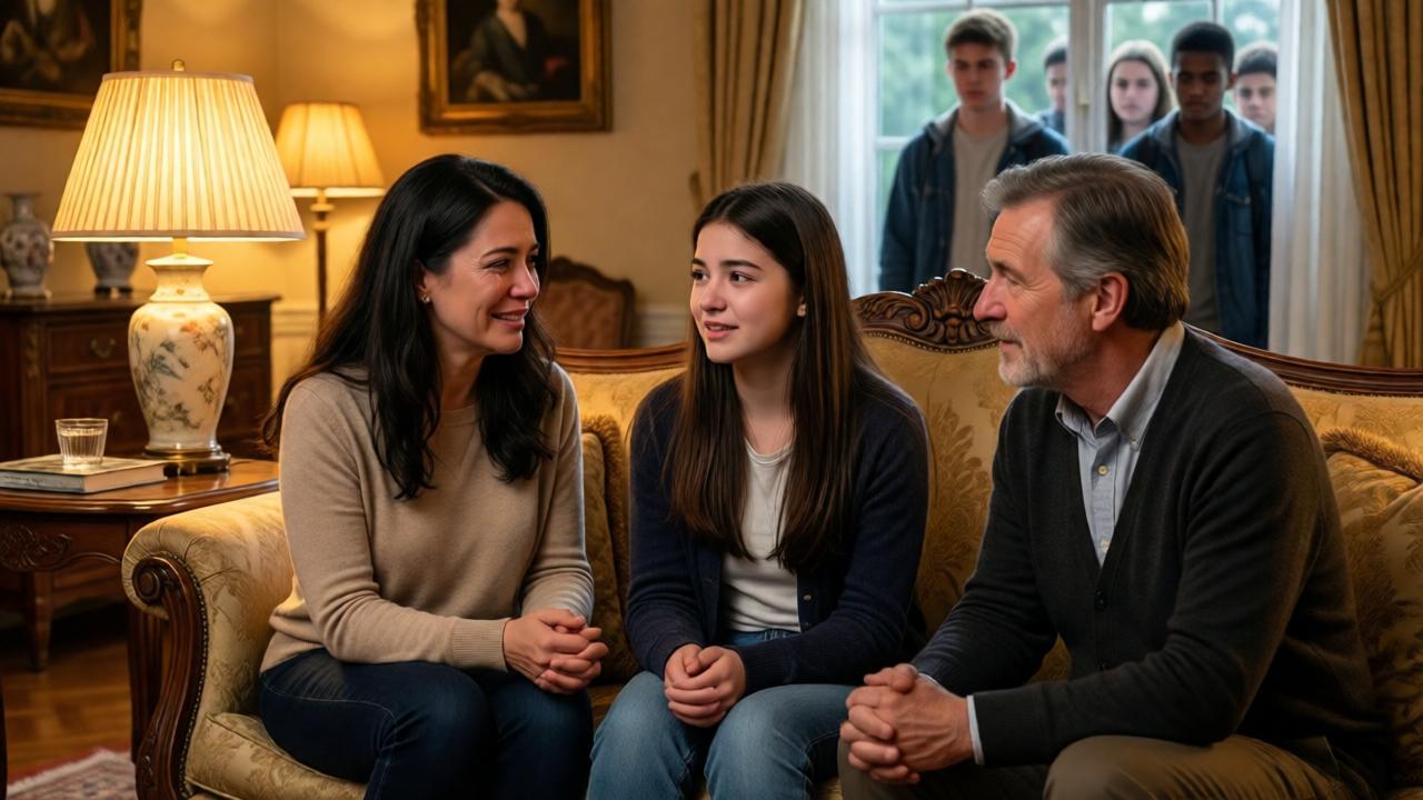 Inside a warm, elegantly furnished living room, a mother and her teenage daughter sit on a sofa, speaking with an older couple who listen attentively. The mother has tears of gratitude in her eyes, while the daughter looks relieved and hopeful. The room is lit by soft, golden lamplight, creating a cozy and welcoming atmosphere. In the background, through a window, a group of teenagers can be seen leaving, their expressions sour and dismissive.