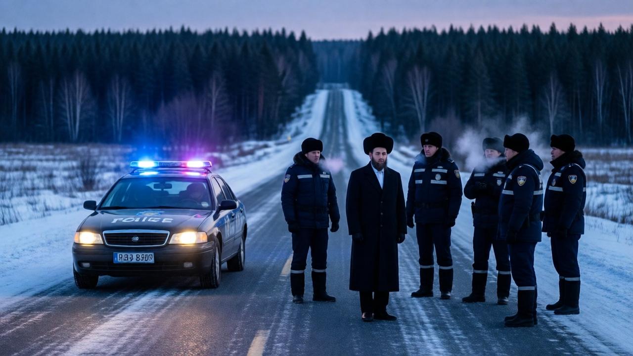 A snowy, icy roadside at dusk on a winter Friday evening. A lonely steppe road stretches toward a dark, dense forest on the horizon. A patrol car with flashing blue lights is stopped near a sedan. A young rabbi in a long dark coat and traditional hat stands calmly on the road, surrounded by seven police officers in dark blue winter jackets with reflective strips. Their breath turns to mist in the bitter cold. The scene is tense but still, with a hint of dark humor. Cinematic wide shot, cold blue and purple tones, soft diffused light from the patrol car, photorealistic style.