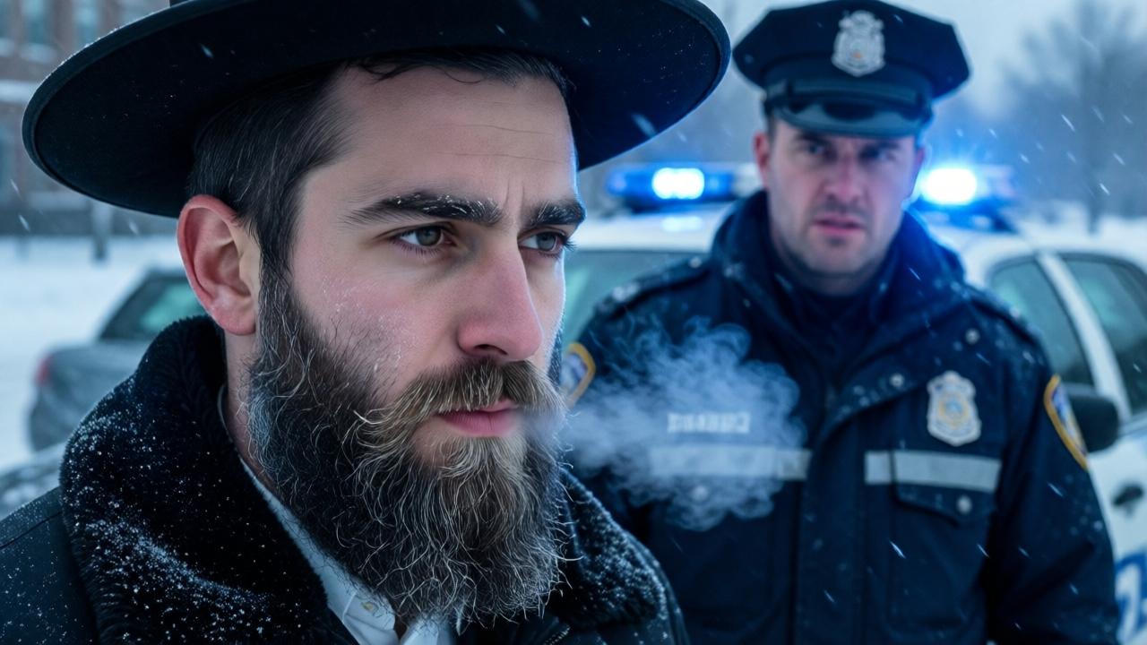 Close-up of a young rabbi's face in the cold, his breath forming mist. He wears a traditional hat and a neatly trimmed beard dusted with frost. Behind him, a police officer in a dark blue winter jacket with reflective strips looks frustrated but resigned. The patrol car's flashing blue lights cast eerie shadows across the snowy scene. The atmosphere is tense but with a hint of dark humor. Cold winter tones, shallow depth of field, photorealistic portrait style, cinematic lighting.