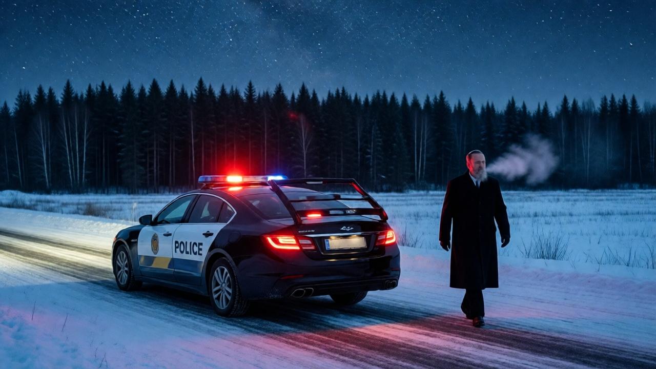 A patrol car towing a sedan on a snowy steppe road under a starry winter sky. In the background, the dark forest looms on the horizon. A rabbi in a long coat walks alongside the car, his breath misting in the cold. The scene is peaceful and darkly humorous, with the patrol car's taillights casting a warm red glow on the snow. Wide cinematic shot, cold blue and warm red tones, photorealistic style, sense of resolution and quiet triumph.