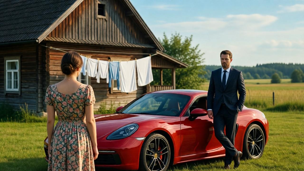 A serene countryside scene: a humble wooden cottage with white laundry flapping on a clothesline under a bright blue sky. In the foreground, a woman in a simple floral dress stands with her back to the camera, facing a shiny red sports car. A man in an expensive suit steps out, his posture arrogant. Soft natural lighting, warm tones, cinematic composition, shallow depth of field emphasizing the contrast between the simple home and the luxury car.
