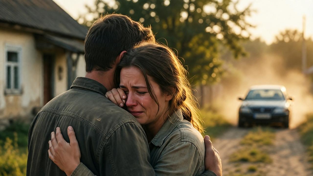 An emotional embrace between a man and a woman in front of a modest country home. The woman is wiping tears from her eyes, the man holds her protectively. A dust cloud from a departing car lingers in the background. Warm golden hour lighting, intimate close-up shot, soft bokeh effect on the trees behind them, conveying resilience and love despite hardship. Cinematic, emotional, hopeful mood.