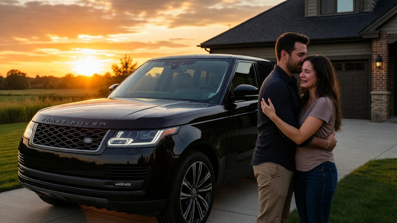 A stunning sunset scene at a country home: a brand-new black Range Rover parked in the driveway, its glossy surface reflecting golden and orange hues. A man and woman stand beside it, embracing, the woman's face wet with tears of joy. The sky is painted with warm colors, soft clouds. Wide-angle shot, dramatic lighting, sense of triumph and fulfillment. Photorealistic style, emotional and uplifting atmosphere.