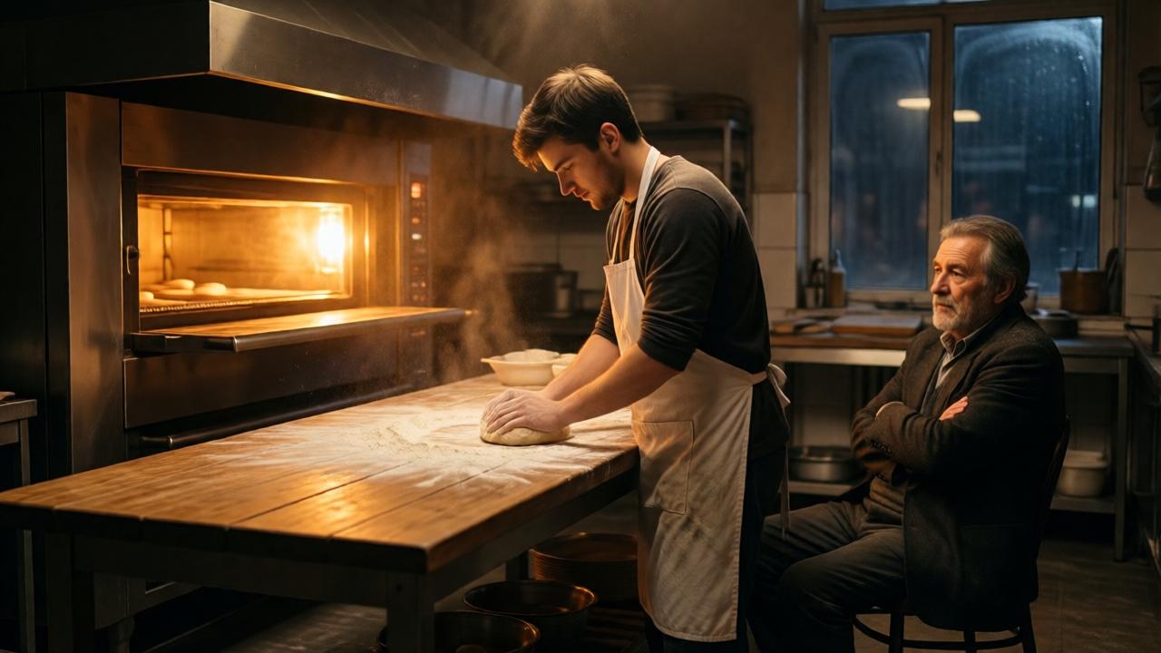A dimly lit bakery at midnight, warm amber light spilling from an industrial oven onto a wooden worktable covered in flour. A young man in a white apron kneads dough, while an older man with a limp sits in a chair nearby, arms crossed, observing. Dust motes float in the warm air. Style: photorealistic, moody, cinematic lighting, warm colors, shallow depth of field. Perspective: over-the-shoulder shot of the apprentice.