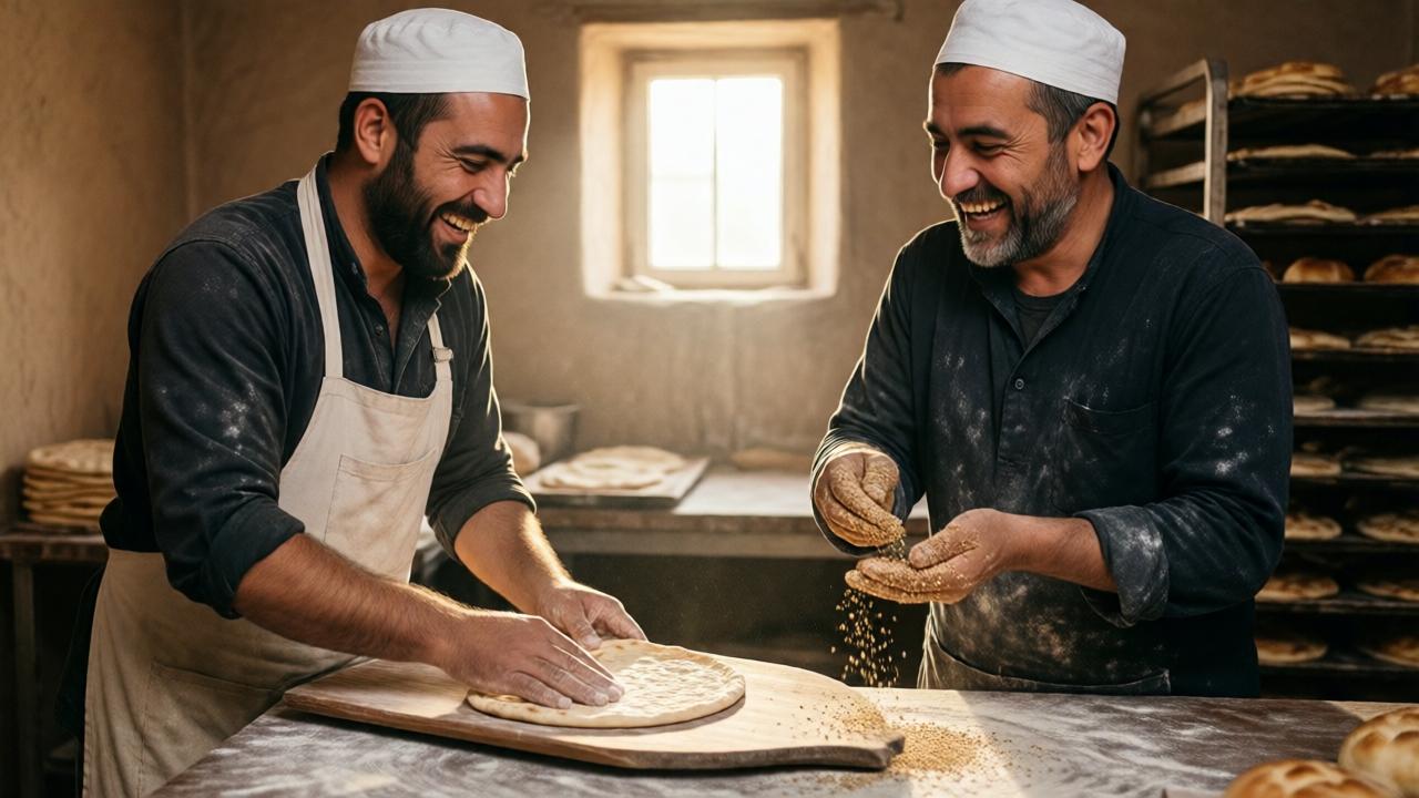 Two bakers from Arab villages laughing together in a flour-dusted bakery, one shaping flatbread on a wooden peel, the other sprinkling sesame seeds. Warm morning light begins to filter through a small window. Style: candid documentary photography, natural light, warm tones, authentic expressions. Composition: medium shot, focus on hands and faces, background showing stacked trays of bread.