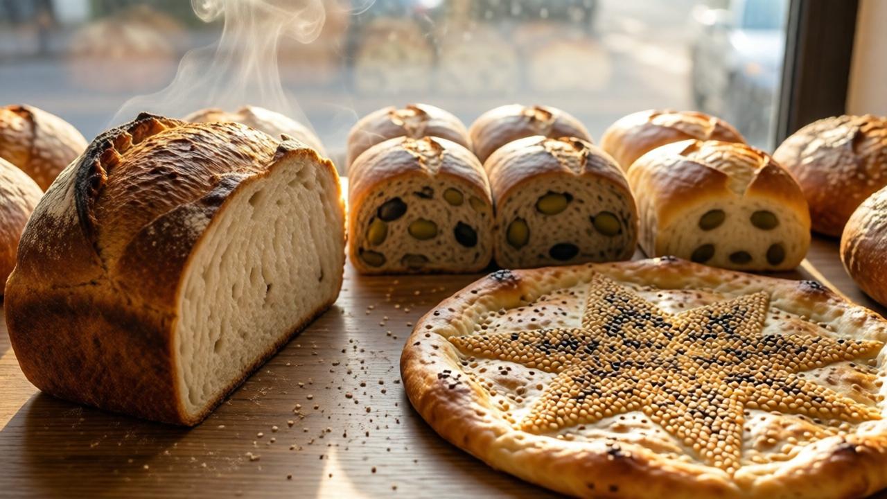 A display of freshly baked specialty breads at dawn: a half-and-half loaf with brown and white sides, rectangular olive rolls, and a flatbread decorated with sesame seeds in a star pattern. Steam rises from the bread. Soft morning light streams through the bakery window. Style: food photography, warm and inviting, high detail, macro shot of the bread textures. Composition: top-down view with selective focus on the decorated flatbread.