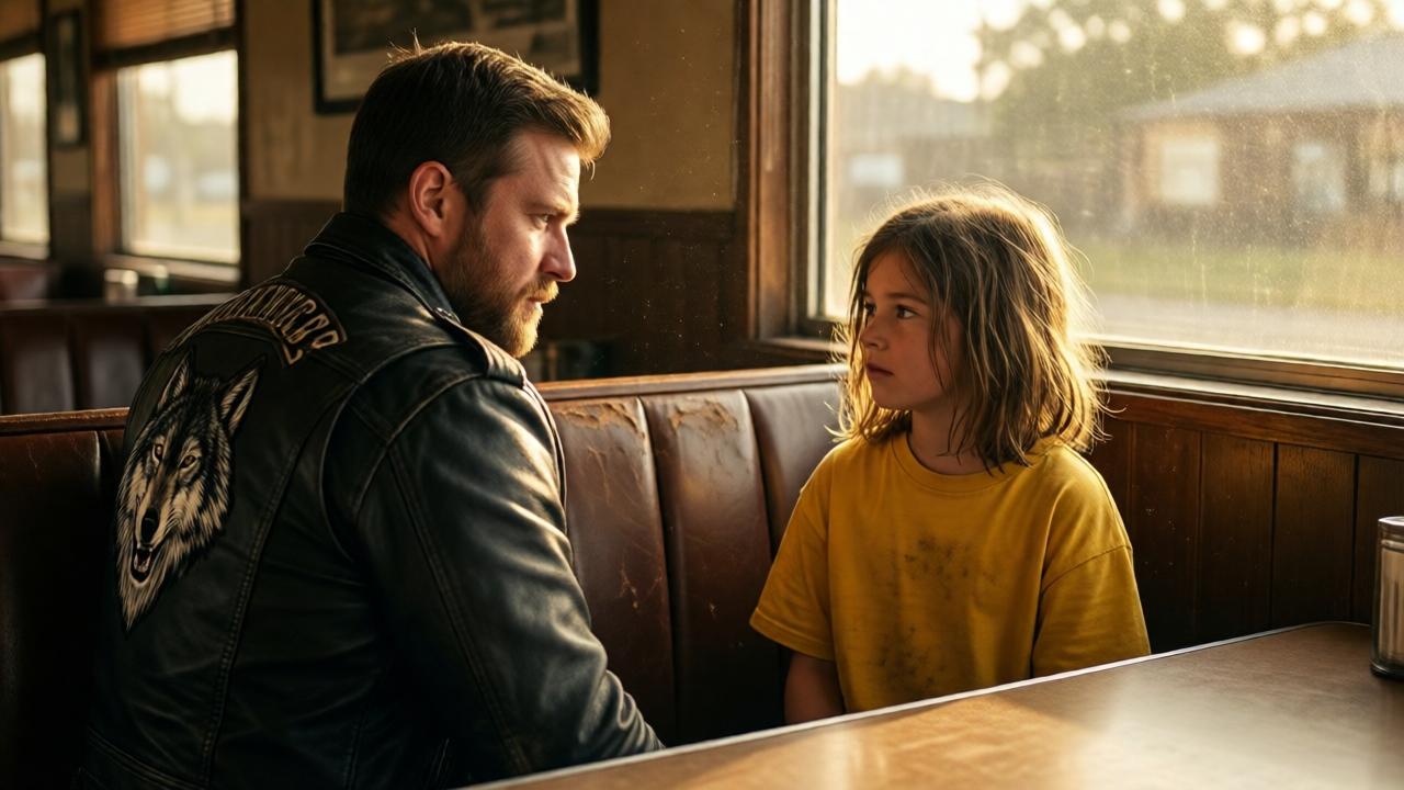 A gritty, sunlit diner interior with a worn vinyl booth near a window. A large biker in a leather vest with a wolf patch turns to look at a small girl with tangled hair and an oversized yellow t-shirt. Dust motes float in the light. The mood is tense, with warm amber tones and deep shadows. Cinematic composition, low angle from the girl's perspective, photorealistic style.