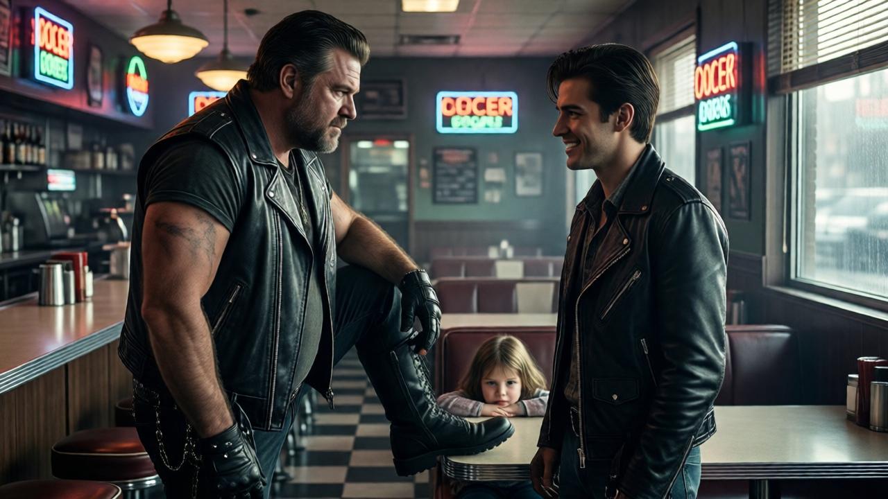 A tense standoff in a retro diner: a large biker in a leather vest stands facing a young man with a slick smile near the counter. The biker's hand is near his boot, his expression hard. The little girl is hidden under the table behind him. Neon beer signs glow in the background. High contrast lighting, dramatic shadows, cinematic wide shot with a gritty, noir-inspired aesthetic.