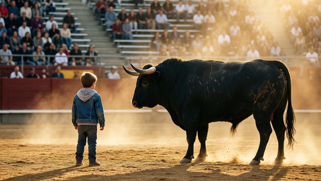 A dramatic wide shot of a dusty bullring under golden afternoon sunlight, with a small boy in a denim jacket and gray hoodie standing alone in the center of the ring, facing a massive black bull with scars on its flank, the crowd blurred in the background on metal bleachers, dust particles floating in the air, tense atmosphere, cinematic lighting with warm golden hues, shallow depth of field focusing on the boy and the bull, photorealistic style