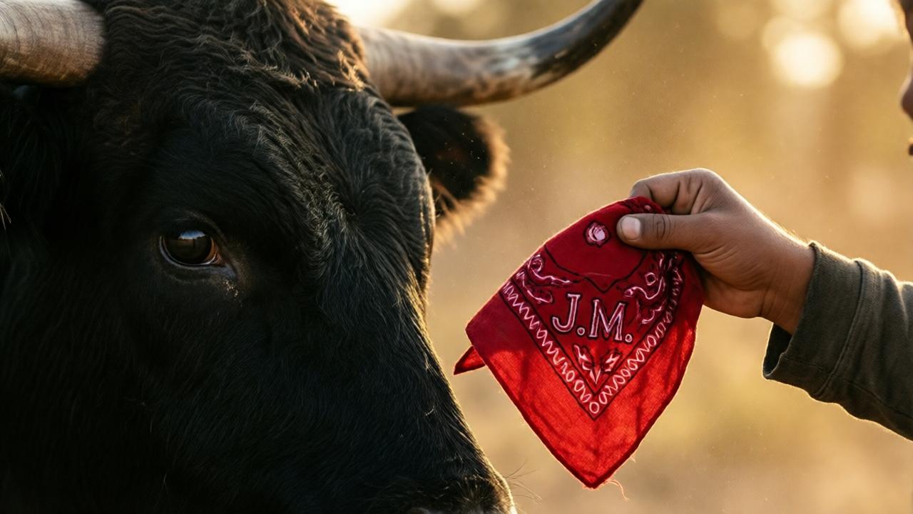 Close-up shot of a small boy's hand holding a faded red bandana with stitched initials 'J.M.' in the corner, the black bull's massive head in the foreground with one eye focused on the cloth, dust motes floating in warm golden light, intense emotional tension, shallow depth of field with the bull's horns slightly blurred, photorealistic style, cinematic composition with dramatic shadows and highlights