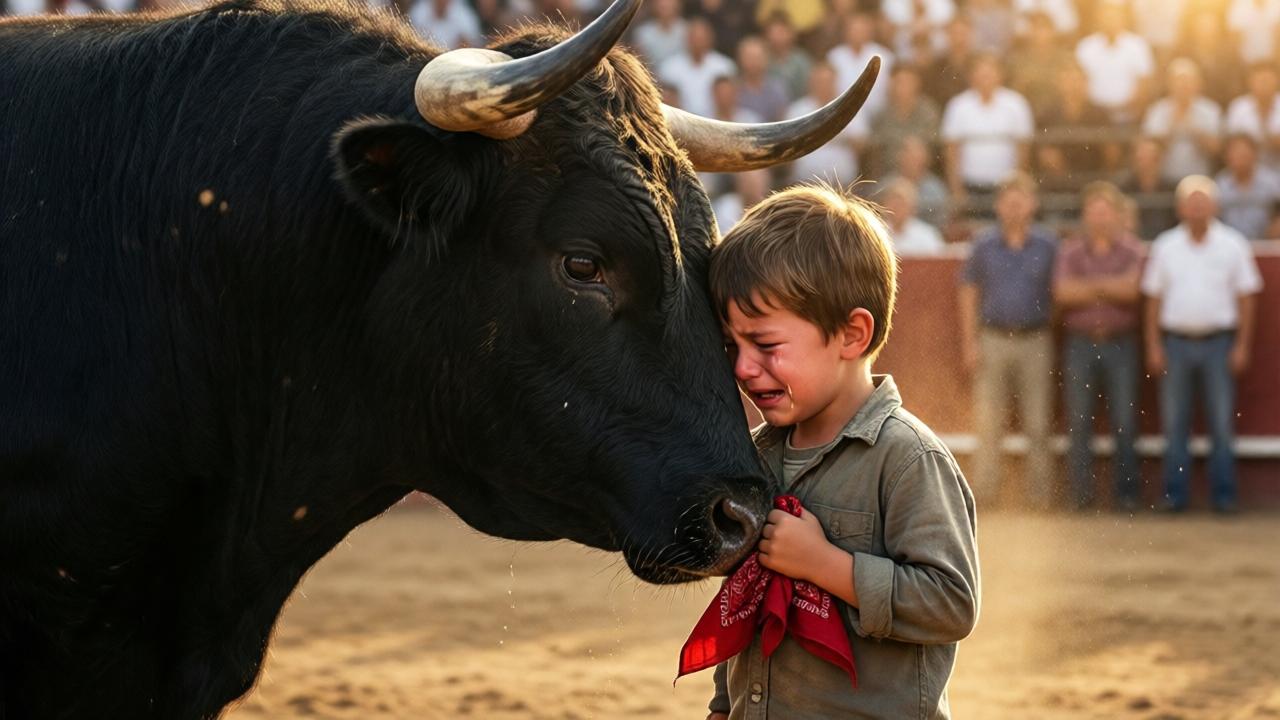 Emotional scene of a massive black bull gently pressing its forehead against a small boy's chest in a dusty bullring, the boy crying with tears streaming down his face, the faded red bandana still clutched in his hand, golden sunset light illuminating the pair, the crowd in the background standing in stunned silence, dust particles sparkling in the air, heartwarming and cinematic composition, photorealistic style with warm emotional tones