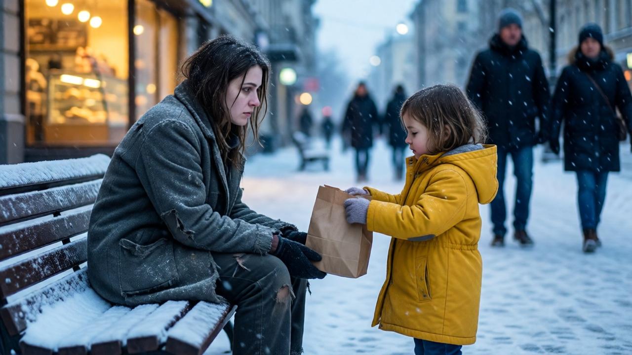 A cinematic winter street scene at dusk: a young homeless woman with pale skin and dark hollow eyes sits on a snow-covered bench, wearing torn gray clothes, her bare feet exposed to the snow. A little girl in a bright yellow coat stands in front of her, holding out a small brown paper bag with both mittened hands. Snowflakes drift softly around them. The background shows blurred figures of hurried pedestrians and a bakery with warm golden light. Soft blue and white color palette, mood of quiet hope and melancholy, shallow depth of field, photorealistic style.