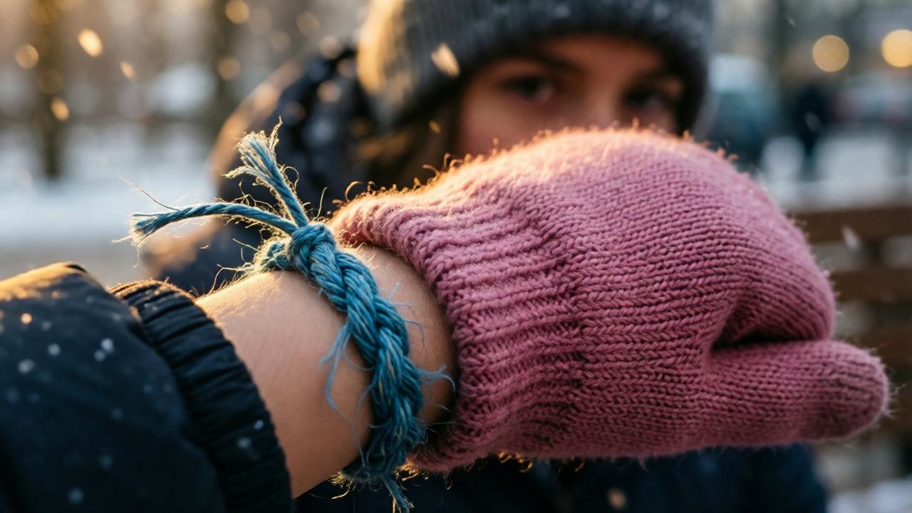 Close-up shot focusing on a child's small wrist with a faded blue thread bracelet, partially hidden under a pink woolen glove. The background is soft and out of focus, showing snowflakes and the blurred silhouette of a homeless woman. The bracelet is intricately braided, with frayed ends, suggesting age and wear. Warm golden light from a nearby bakery casts soft highlights on the threads. The mood is intimate and emotional, with a sense of discovery and deep connection. Photorealistic detail, shallow depth of field, cinematic lighting.