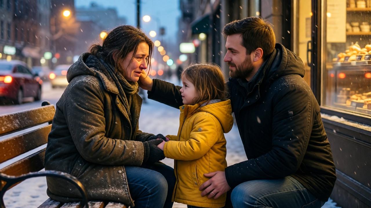 A poignant reunion scene in a snowy city street at twilight: a homeless woman with tears on her face sits on a bench, holding the hand of a little girl in a yellow coat. A man kneels beside them, his hand gently touching the woman's shoulder. Snowflakes fall softly around them, catching the warm light from a nearby bakery. The background shows blurred streetlights and passing cars. The composition is triangular, with all three figures connected. Emotional, warm, hopeful mood despite the cold. Cinematic lighting with soft blue and gold tones, photorealistic style.