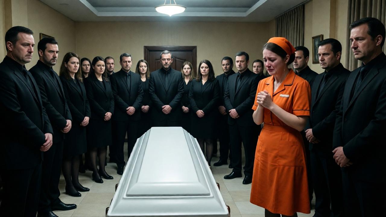 A dimly lit funeral parlor with beige walls and a white coffin on a polished floor. Mourners in black stand in a semicircle, their faces grim and somber. A maid in an orange uniform stands apart, her hands clenched, tears streaming down her face. The lighting is cold and gray, with a single overhead lamp casting long shadows. The mood is tense, on the verge of explosion. Cinematic composition, wide angle, high contrast, muted colors with the orange uniform as a stark focal point.