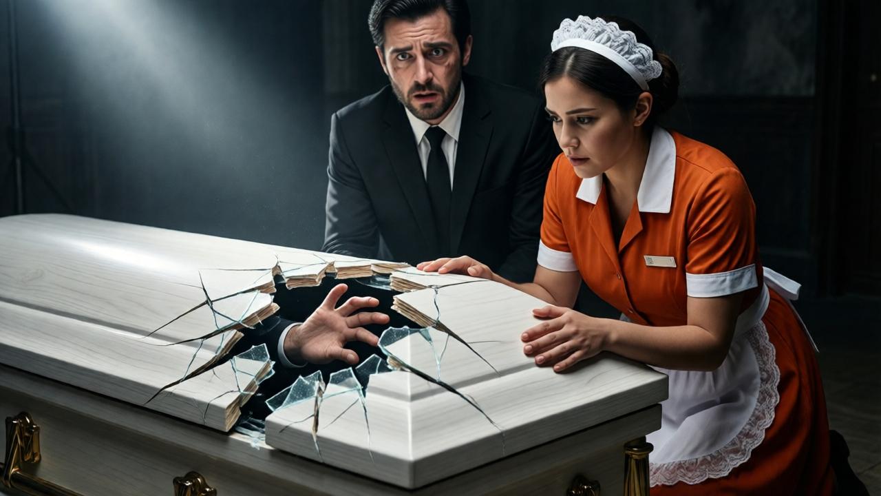 A close-up of a shattered white coffin lid with jagged splinters and a maid in an orange uniform kneeling beside it, her hands gripping the broken wood. The lead mourner in a black suit stands frozen behind her, his face a mix of horror and shock. A hand is visible through the crack in the coffin, fingers twitching. The lighting is dramatic, with a single beam of light illuminating the hand. Dark, tense atmosphere, shallow depth of field, emotional intensity, photorealistic style.